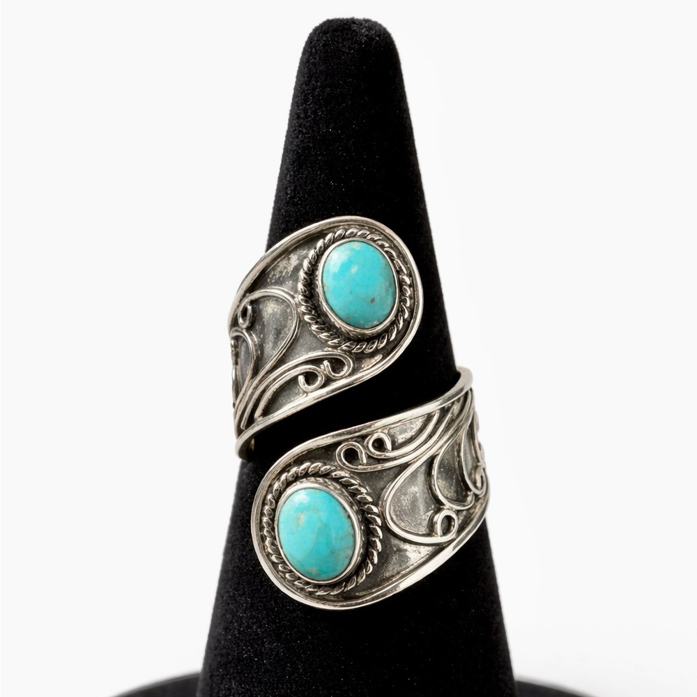 Natural Turquoise 925 Silver- Sz 9 Adjustable/Expandable Wrap Silver